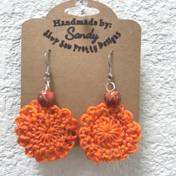 Shop Sew Pretty Designs - Handmade Jewelry - Handmade Crochet Boho Earrings Beaded Silver Cotton New Orange